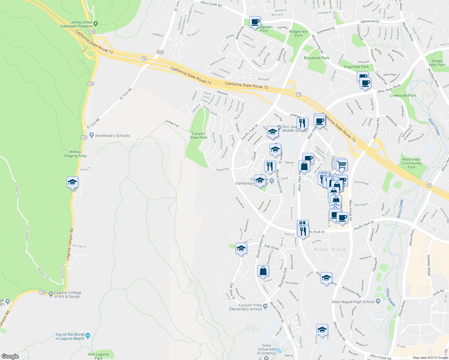 map of restaurants, bars, coffee shops, grocery stores, and more near 29 Vista Del Canon in Aliso Viejo