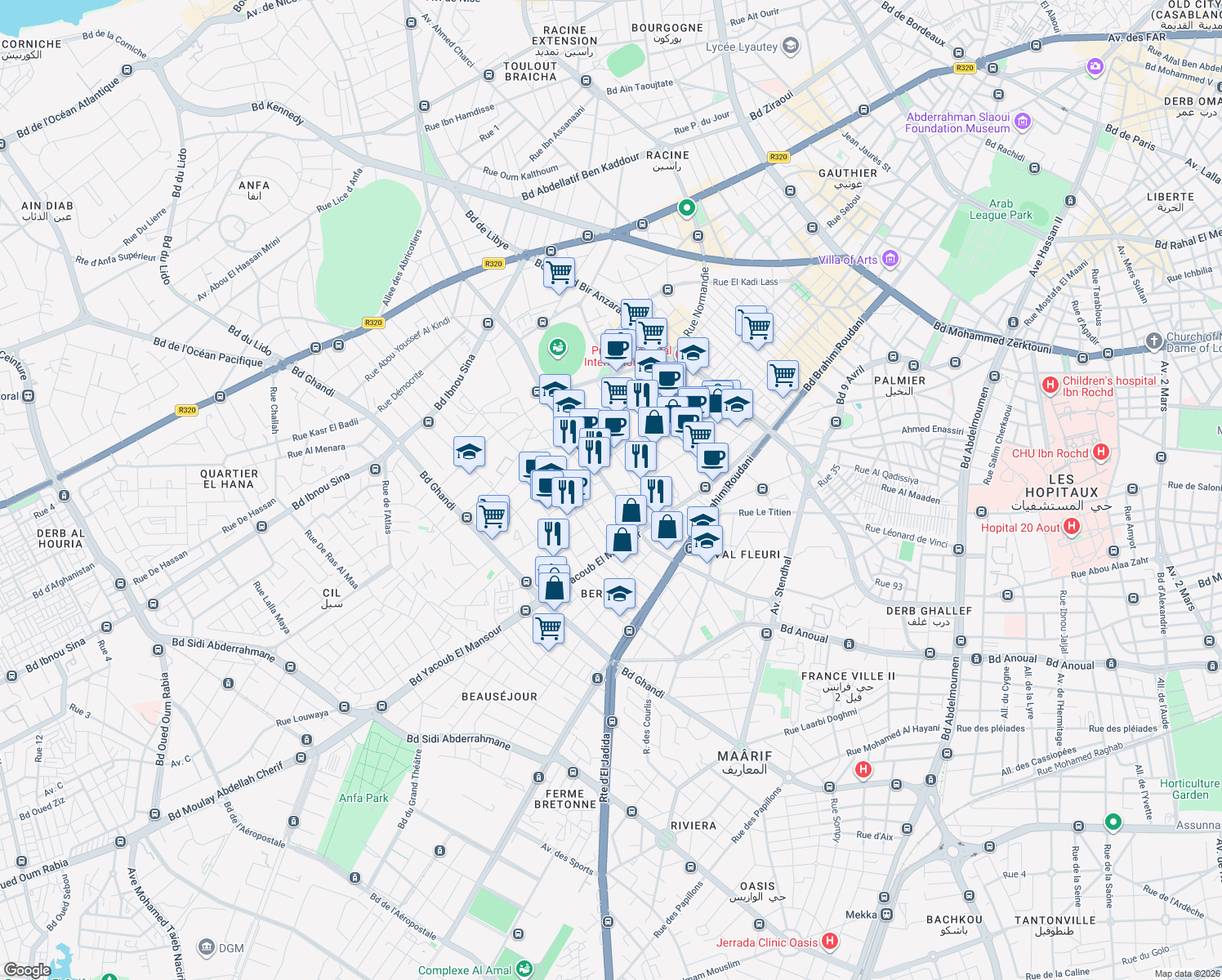 map of restaurants, bars, coffee shops, grocery stores, and more near Rue Socrate in Casablanca