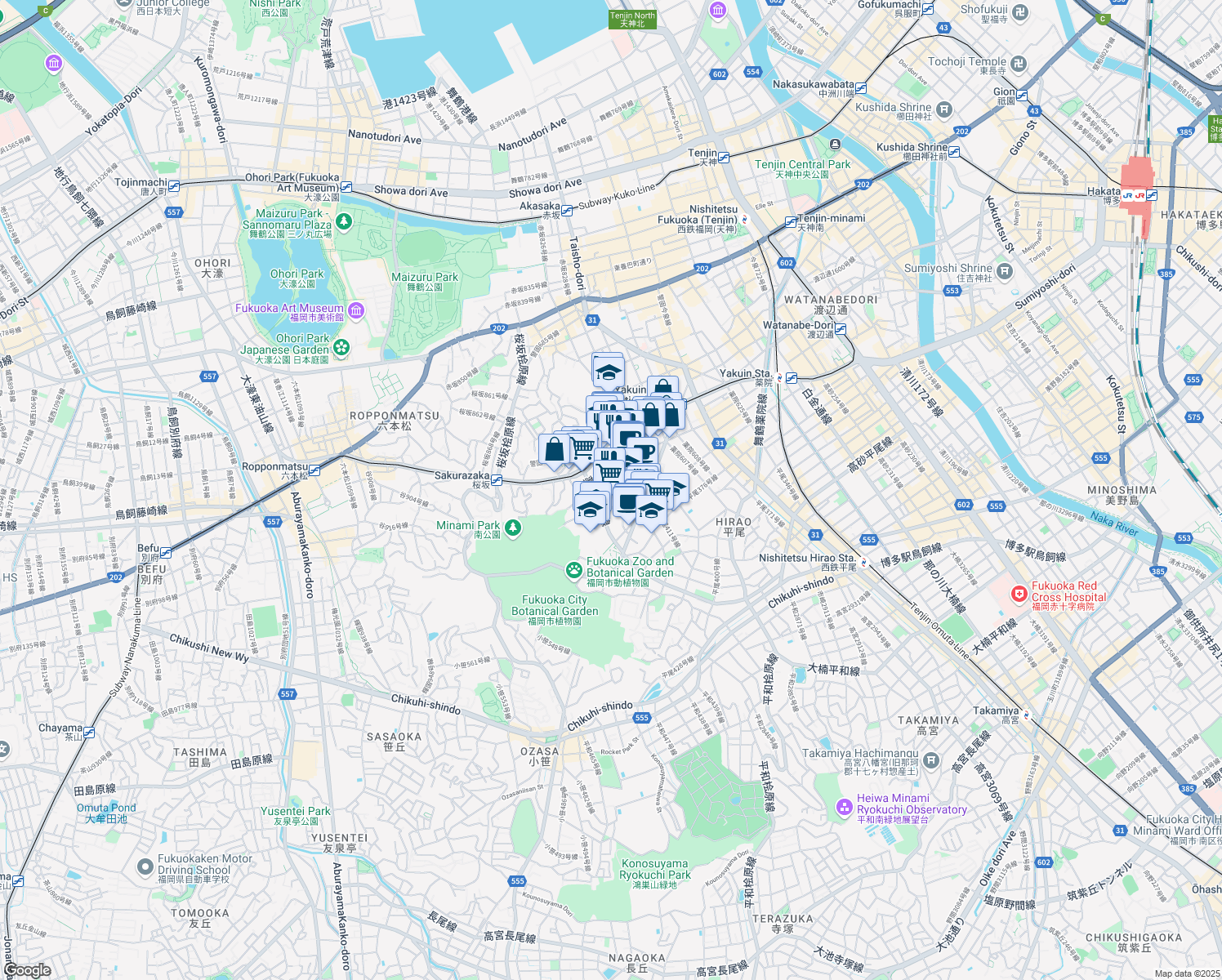 map of restaurants, bars, coffee shops, grocery stores, and more near  in Fukuoka