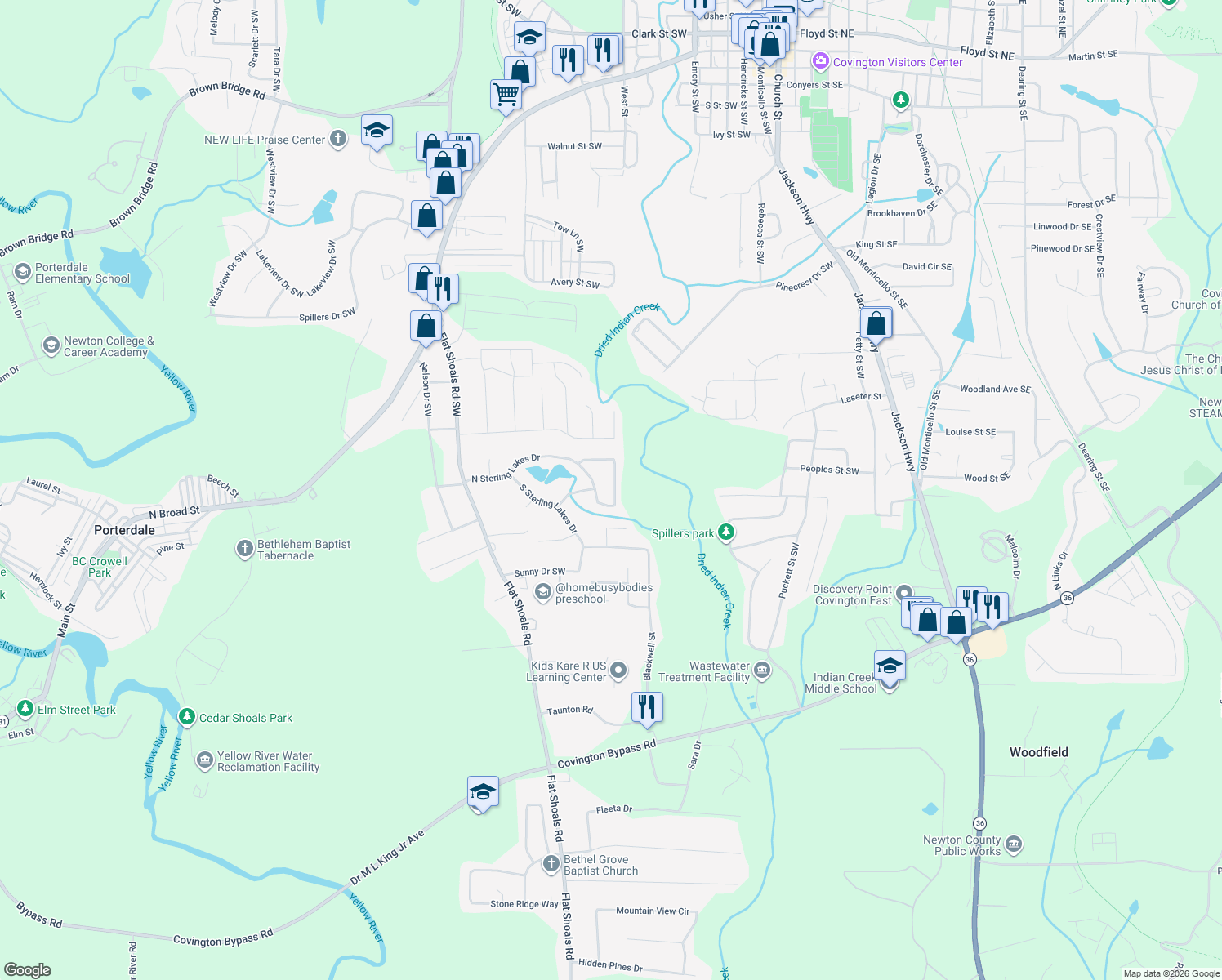 map of restaurants, bars, coffee shops, grocery stores, and more near 8205 Sterling Lane in Covington
