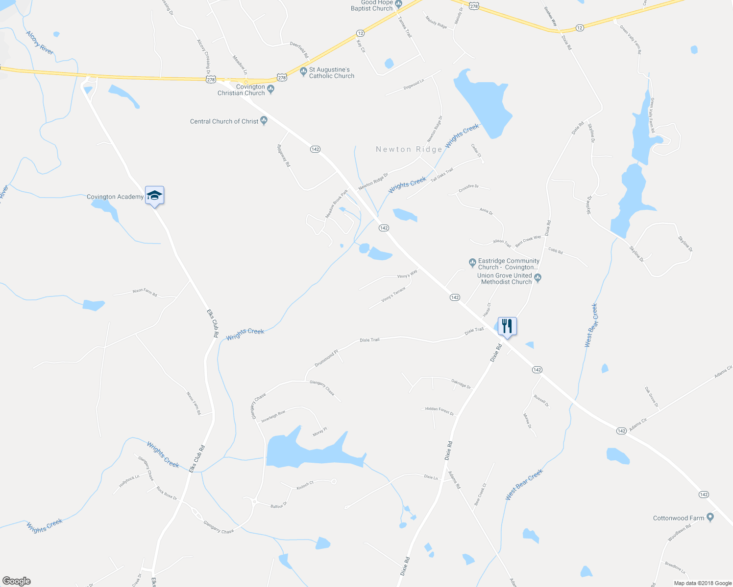 map of restaurants, bars, coffee shops, grocery stores, and more near 125 Vinny's Way in Covington