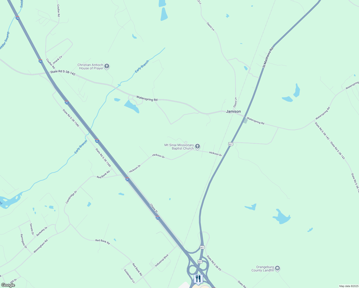 map of restaurants, bars, coffee shops, grocery stores, and more near 123 Dunning Drive in Orangeburg