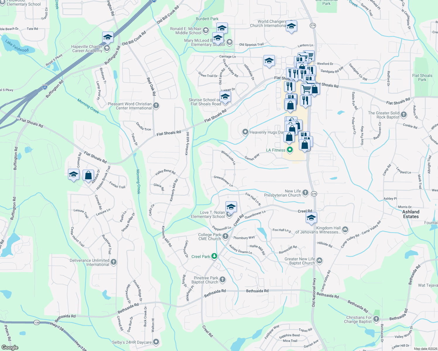 map of restaurants, bars, coffee shops, grocery stores, and more near 6500 Greenbower Lane in College Park