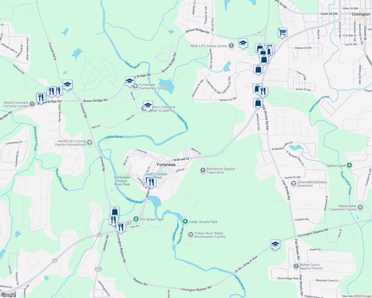 map of restaurants, bars, coffee shops, grocery stores, and more near 14 Spruce St in Porterdale