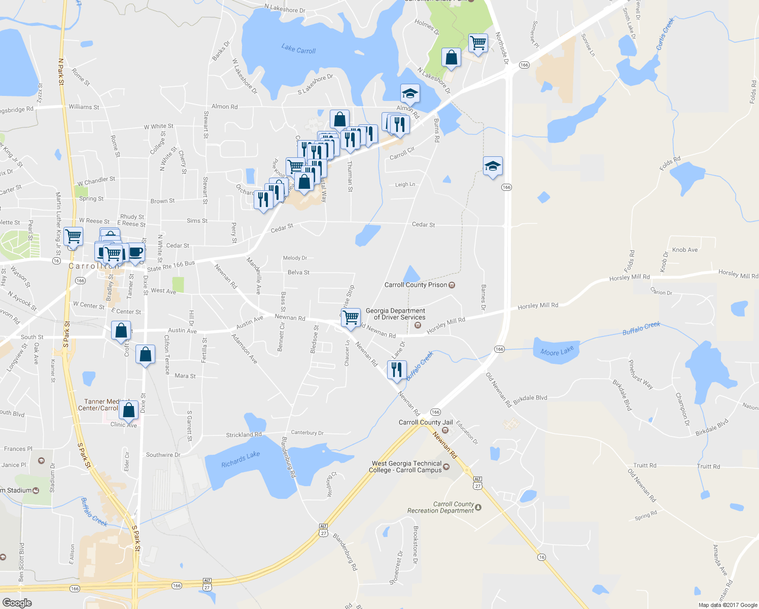map of restaurants, bars, coffee shops, grocery stores, and more near 738 Burns Road in Carrollton