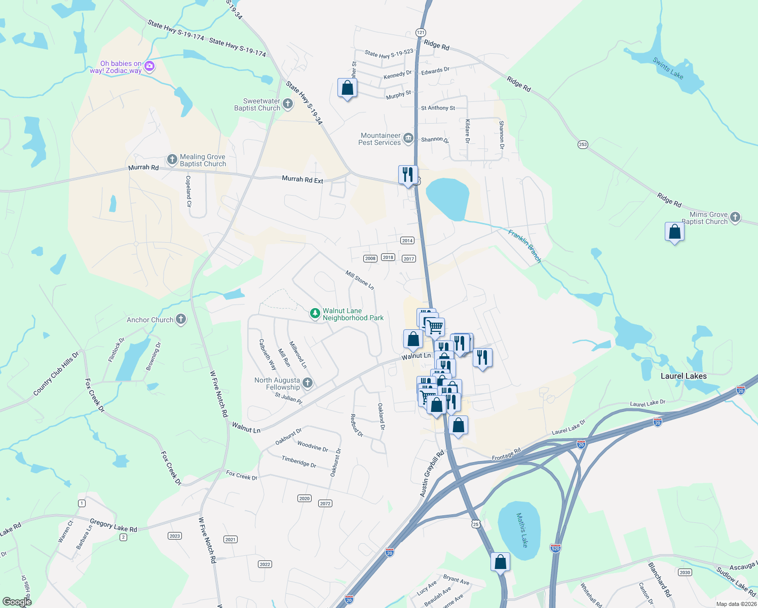 map of restaurants, bars, coffee shops, grocery stores, and more near 132 Mill Stone Lane in North Augusta