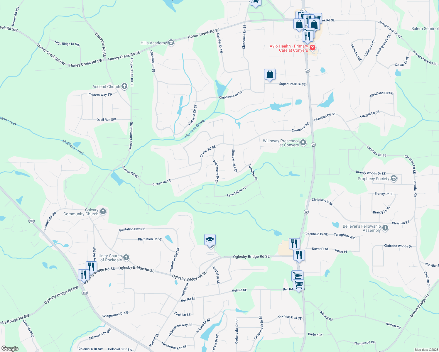 map of restaurants, bars, coffee shops, grocery stores, and more near 3818 Martingale Drive Southeast in Conyers