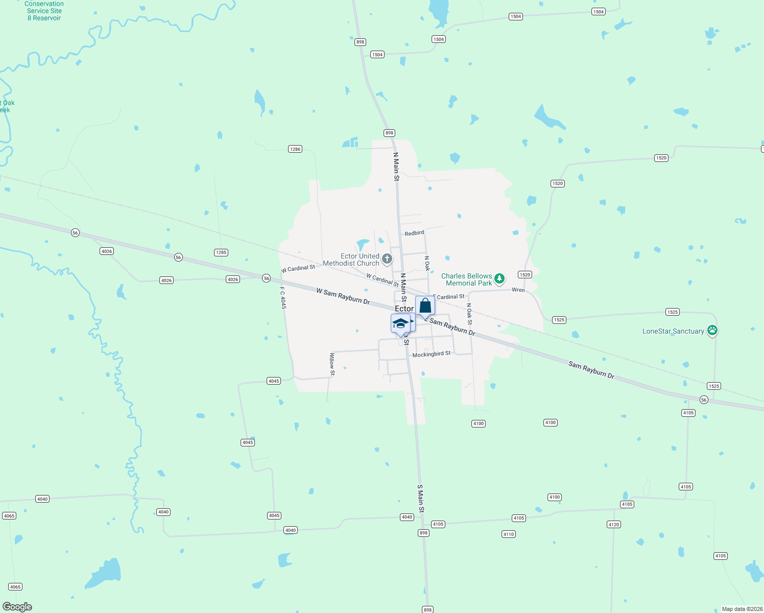 map of restaurants, bars, coffee shops, grocery stores, and more near 207 West Sam Rayburn Drive in Ector