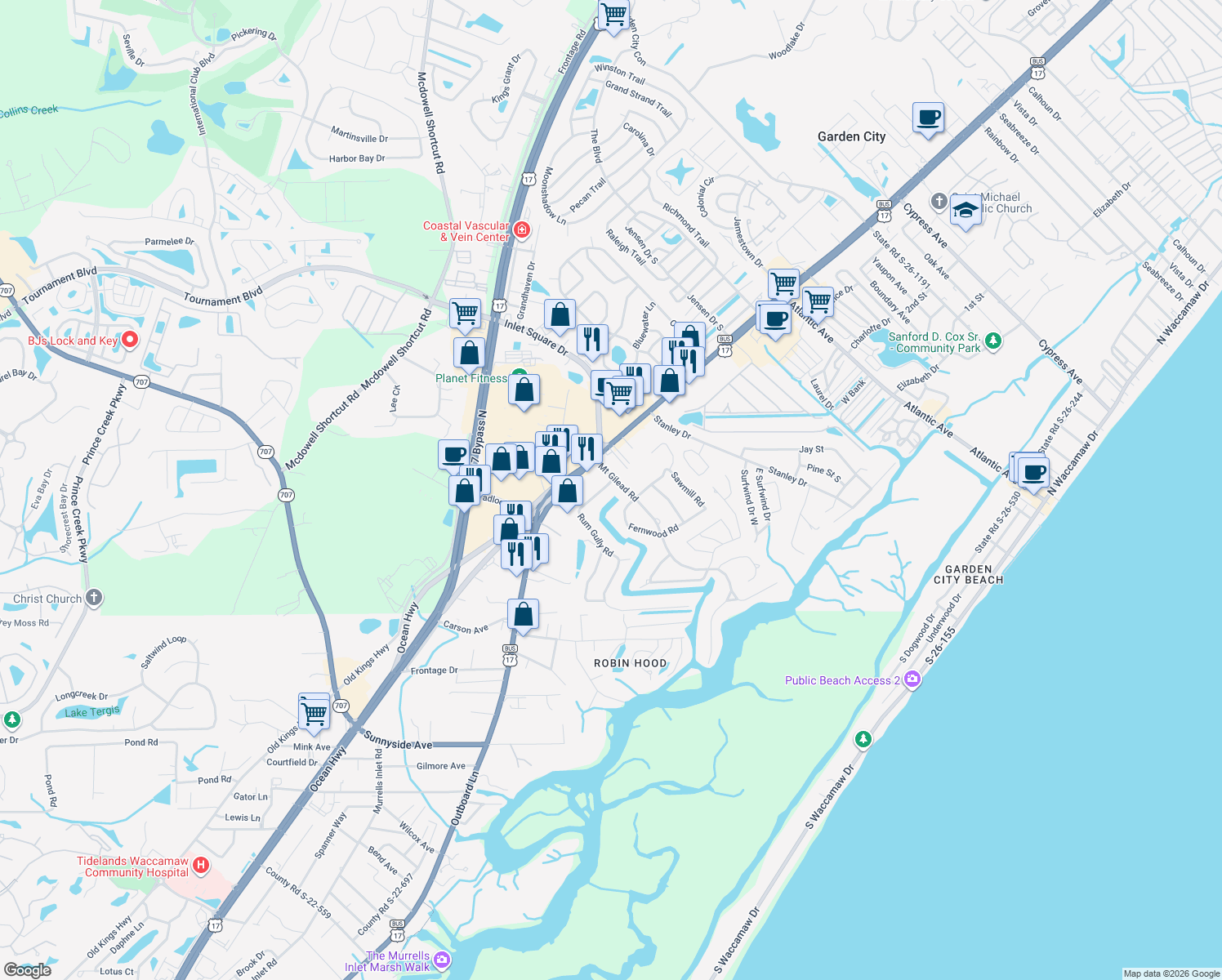 map of restaurants, bars, coffee shops, grocery stores, and more near 598 Rum Gully Rd in Murrells Inlet