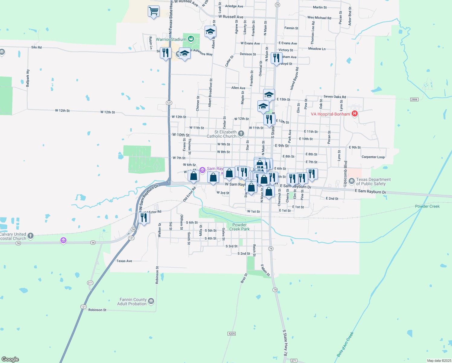 map of restaurants, bars, coffee shops, grocery stores, and more near 518 W Sam Rayburn Dr in Bonham