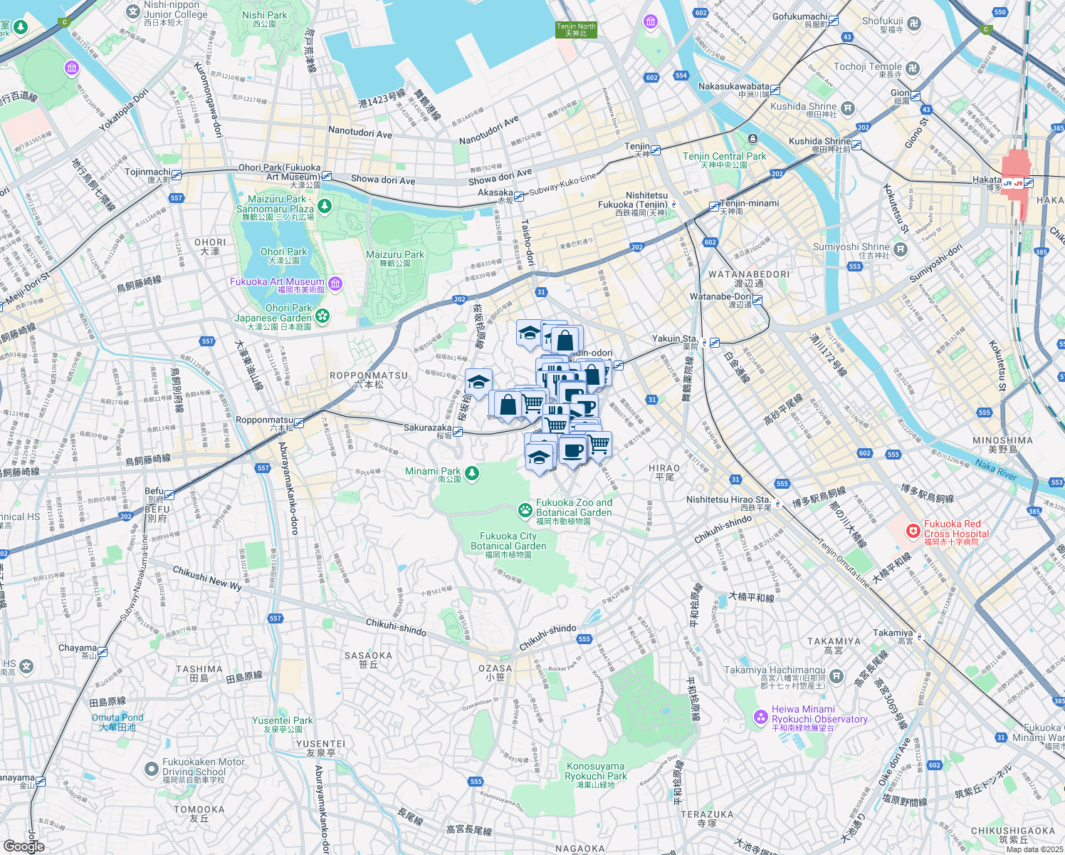 map of restaurants, bars, coffee shops, grocery stores, and more near  in Fukuoka-shi