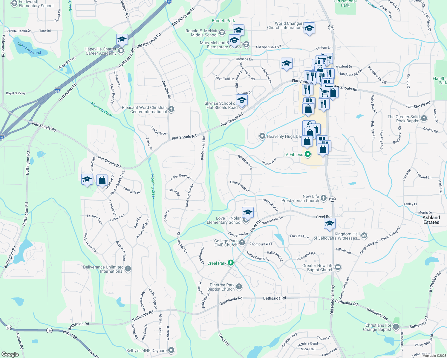 map of restaurants, bars, coffee shops, grocery stores, and more near 6505 Peppermill Lane in Atlanta