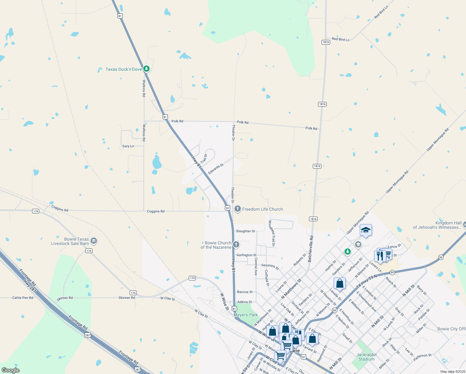 map of restaurants, bars, coffee shops, grocery stores, and more near 408 Theater Drive in Bowie