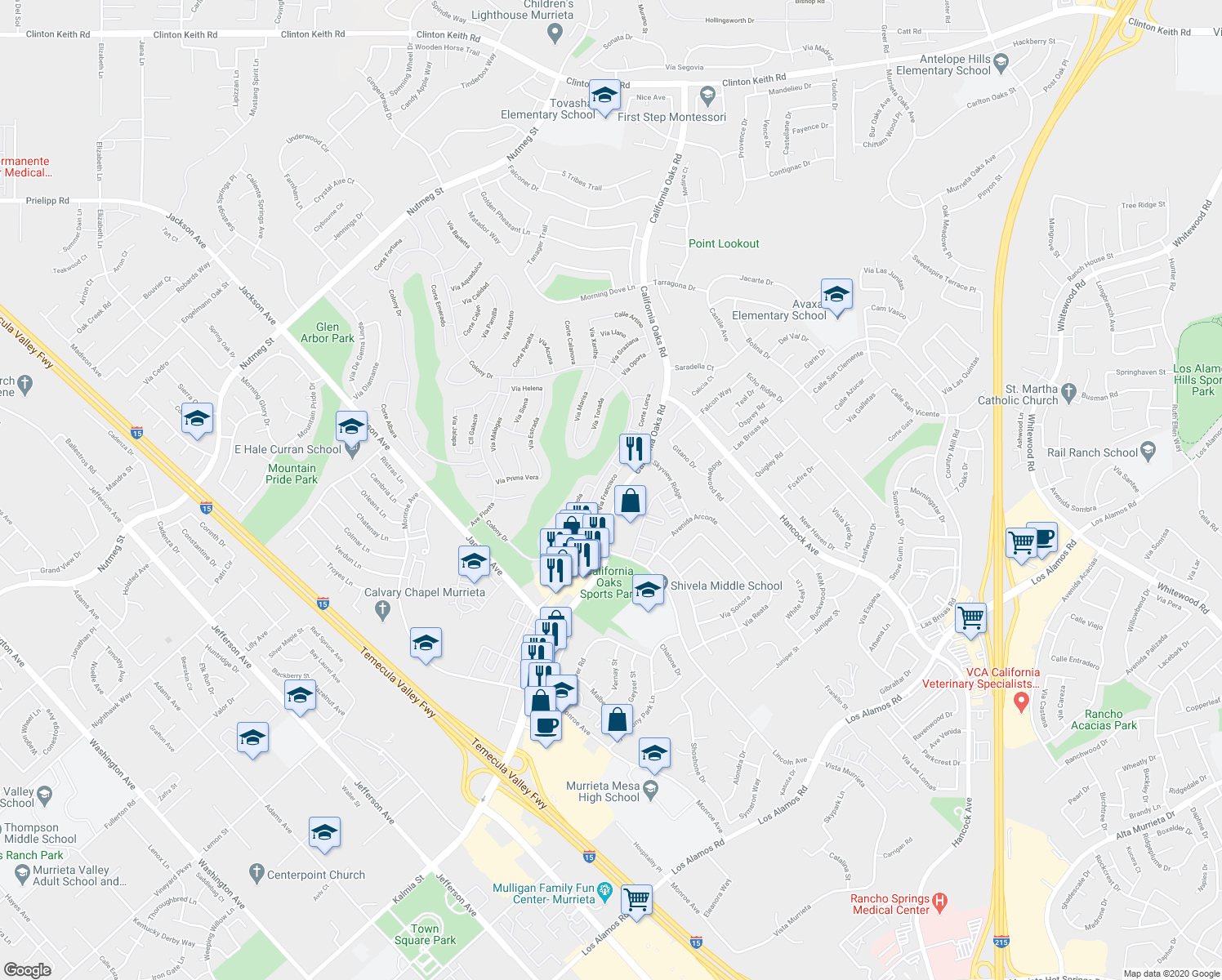 map of restaurants, bars, coffee shops, grocery stores, and more near 40380 Vía Francisco in Murrieta