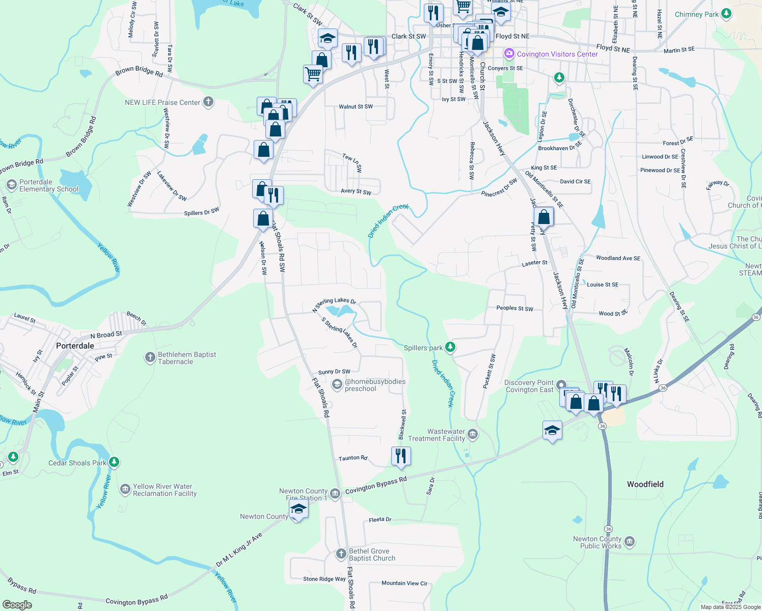 map of restaurants, bars, coffee shops, grocery stores, and more near 8205 Sterling Lane in Covington
