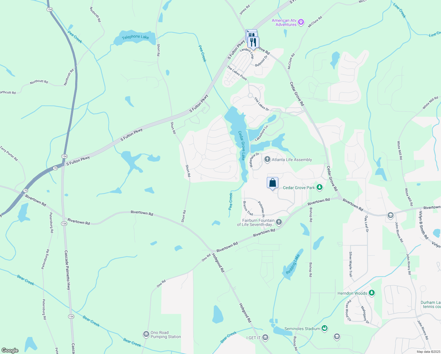 map of restaurants, bars, coffee shops, grocery stores, and more near 7779 Birdsview Drive in Fairburn