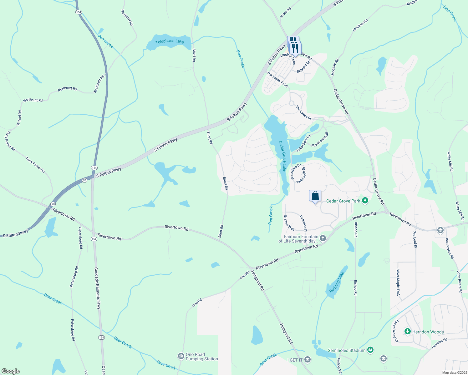 map of restaurants, bars, coffee shops, grocery stores, and more near 8080 Stillmist Drive in Fairburn