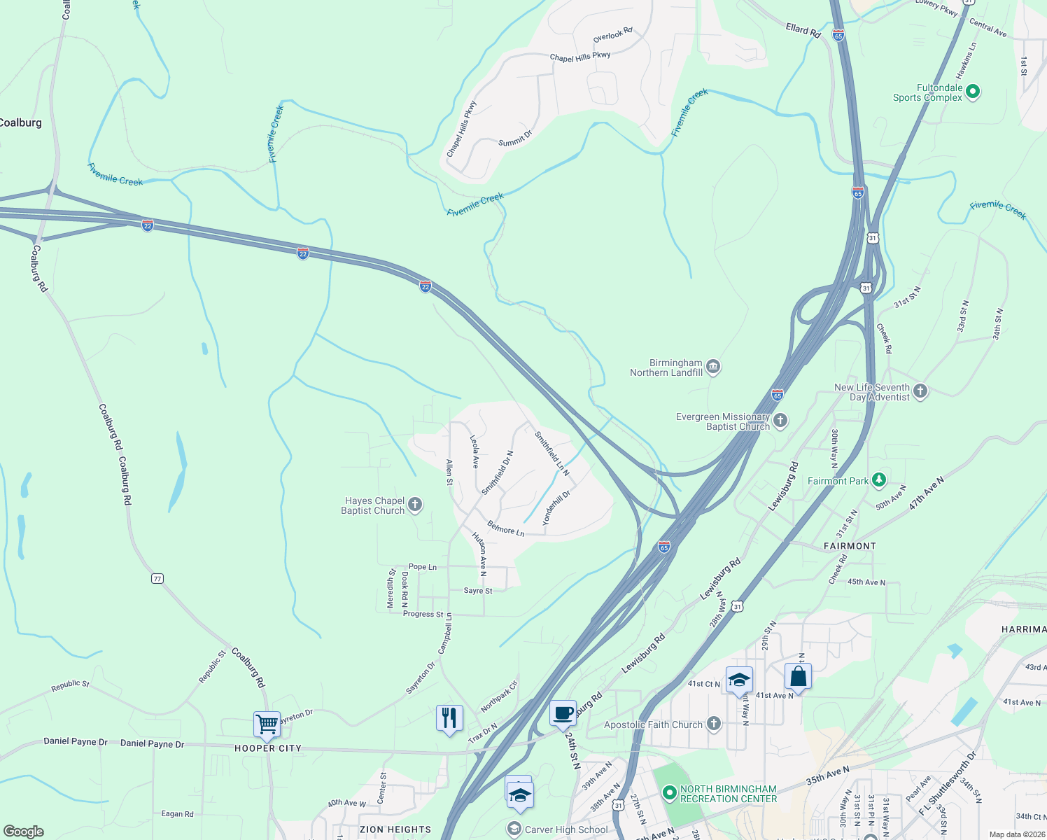 map of restaurants, bars, coffee shops, grocery stores, and more near 2178 Smithfield Lane North in Birmingham