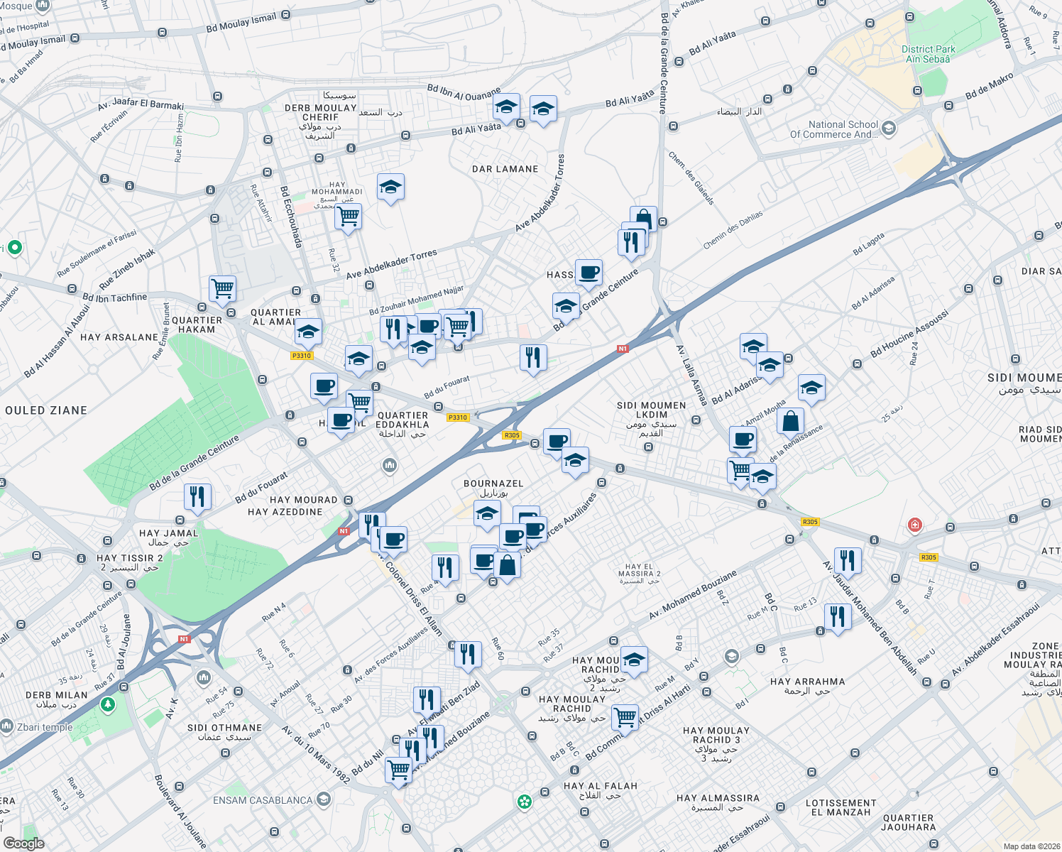 map of restaurants, bars, coffee shops, grocery stores, and more near in Dar-el-Beida