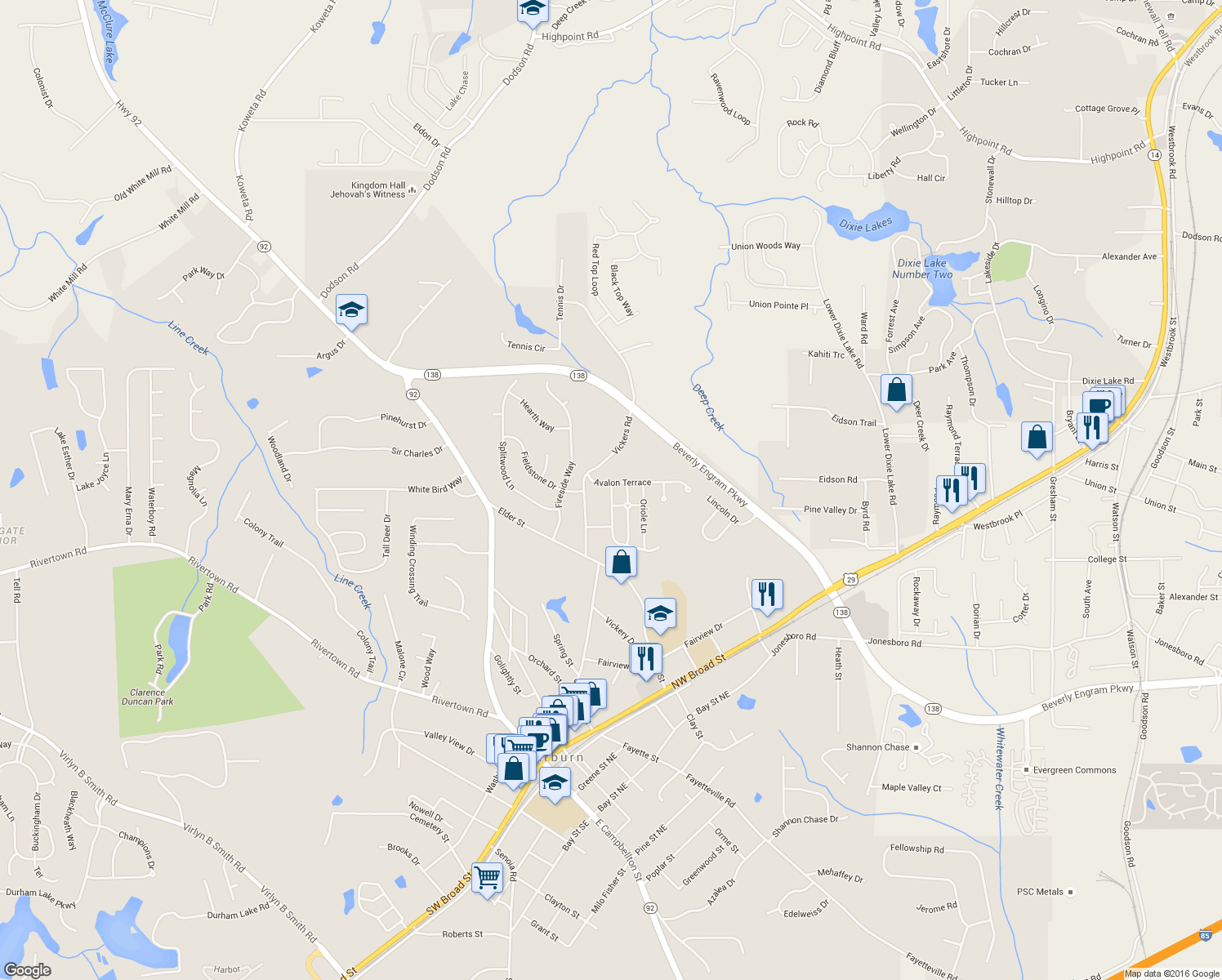 map of restaurants, bars, coffee shops, grocery stores, and more near 1995 Liberty Heights in Fairburn