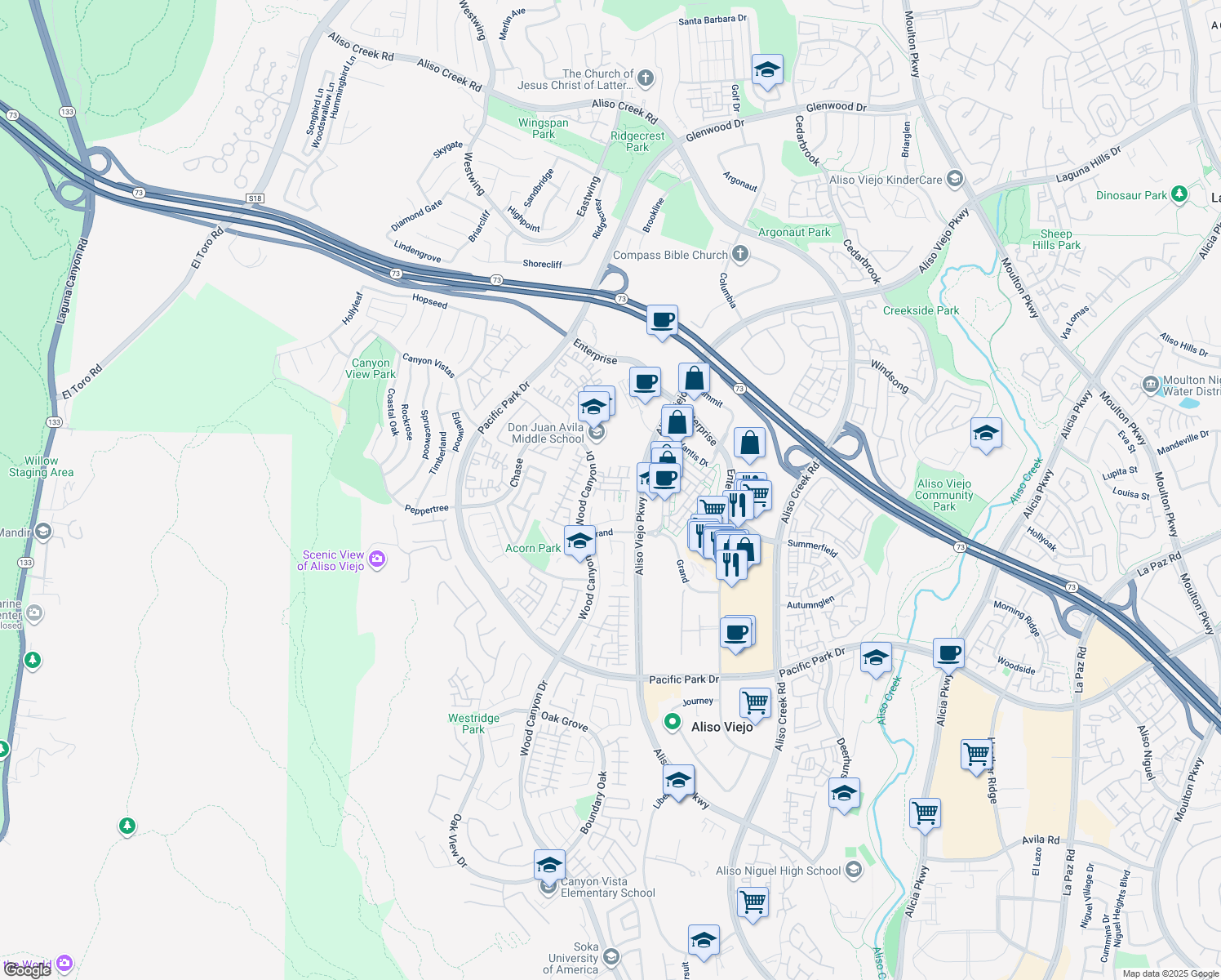 map of restaurants, bars, coffee shops, grocery stores, and more near 21 Tulare Drive in Aliso Viejo