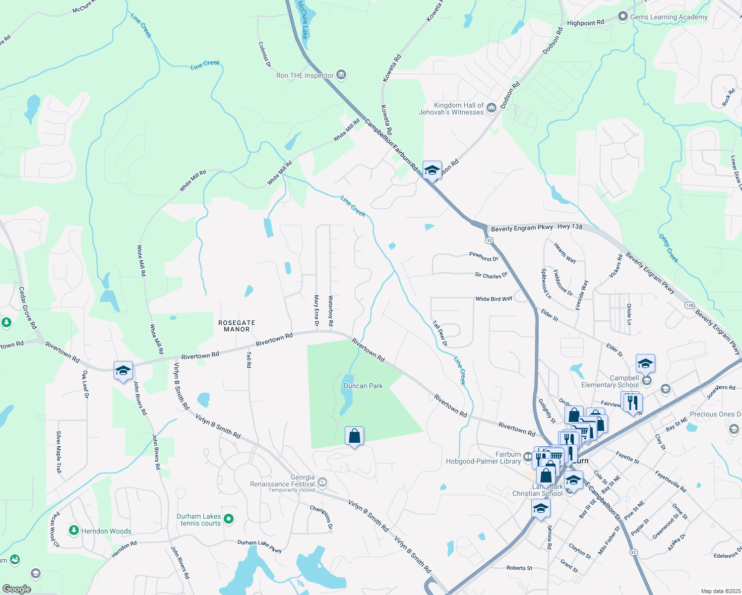 map of restaurants, bars, coffee shops, grocery stores, and more near 7062 Spruce Circle in Fairburn