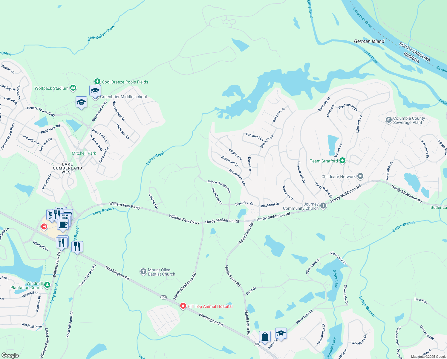 map of restaurants, bars, coffee shops, grocery stores, and more near 1816 Prince George Avenue in Evans