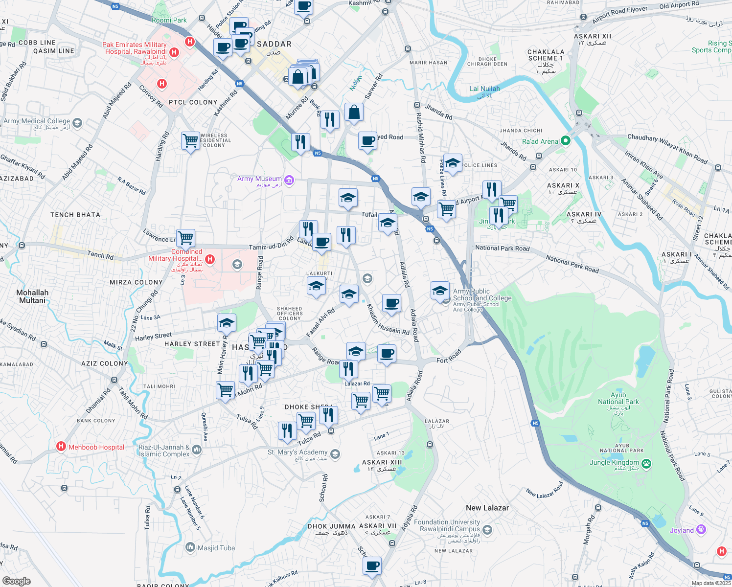 map of restaurants, bars, coffee shops, grocery stores, and more near Khadim Hussain Road in Rawalpindi