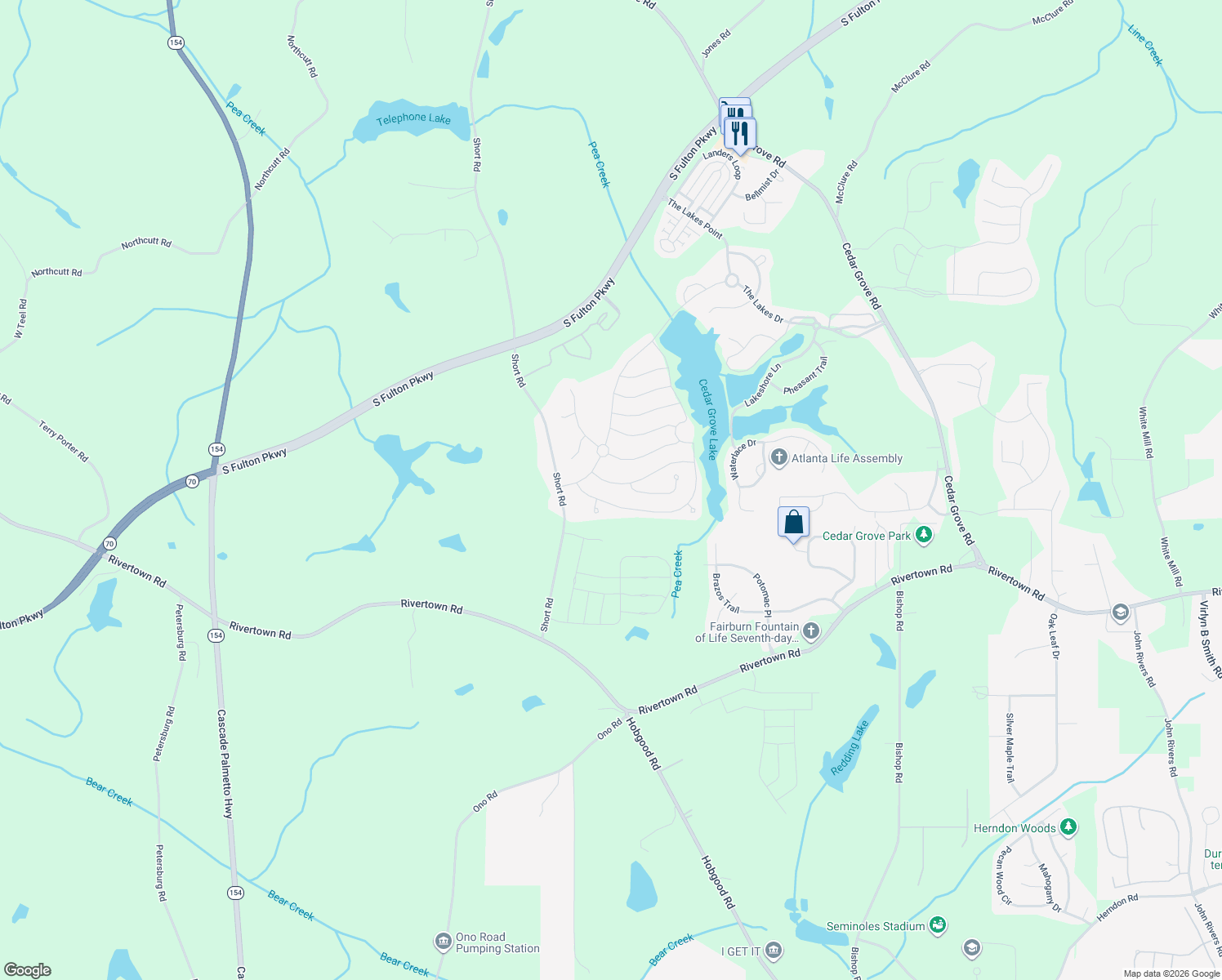 map of restaurants, bars, coffee shops, grocery stores, and more near 8038 Heathmore Drive in Fairburn