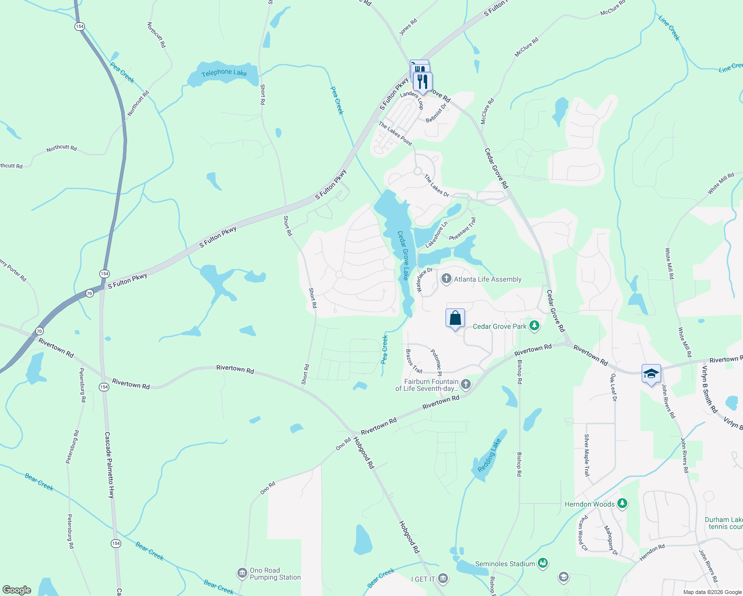 map of restaurants, bars, coffee shops, grocery stores, and more near 7729 Birdsview Drive in Fairburn