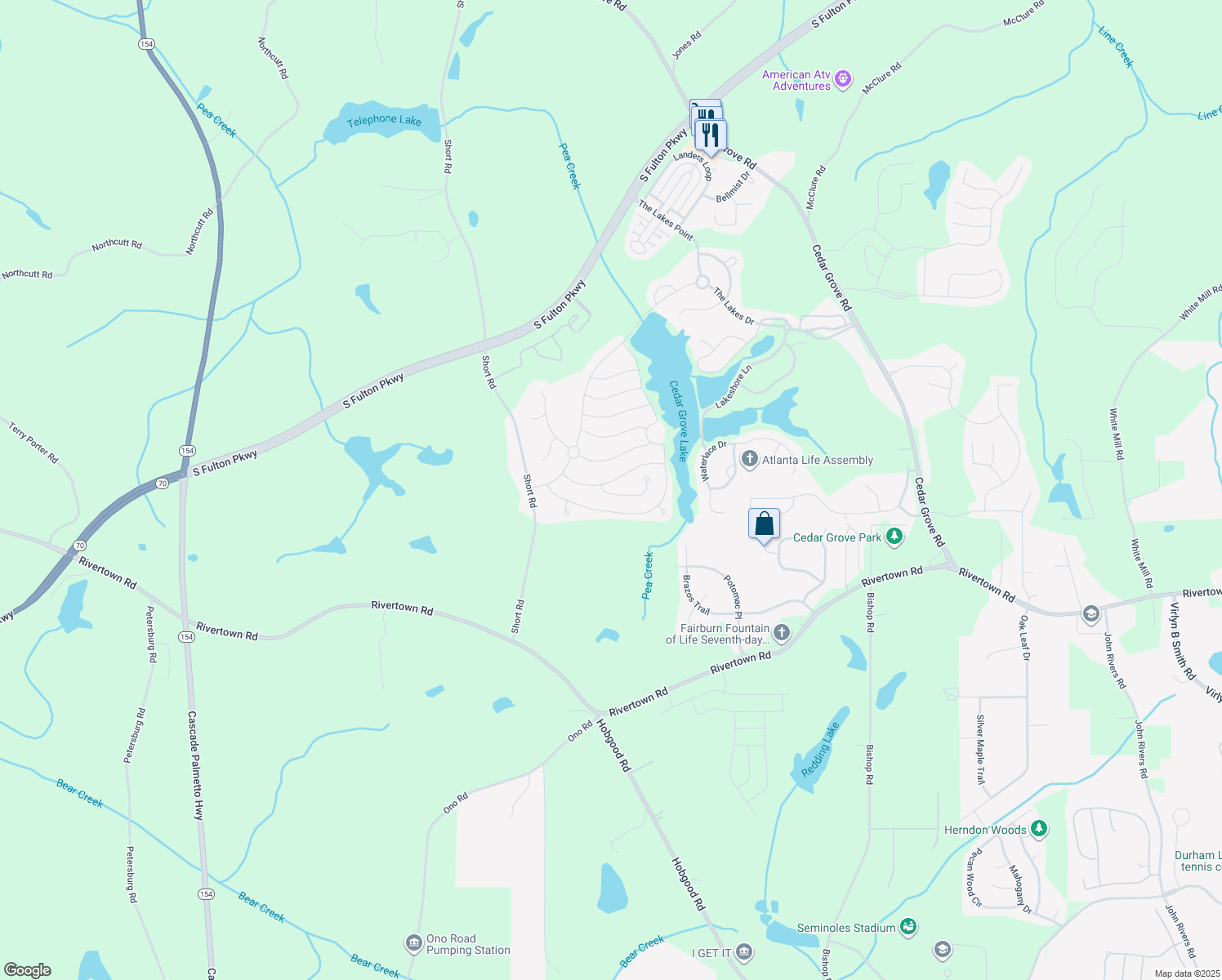 map of restaurants, bars, coffee shops, grocery stores, and more near 7779 Birdsview Drive in Fairburn