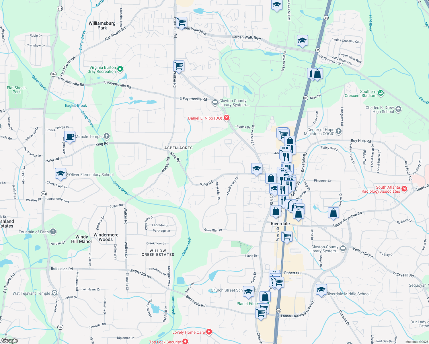 map of restaurants, bars, coffee shops, grocery stores, and more near 1024 Genny Lane in Riverdale