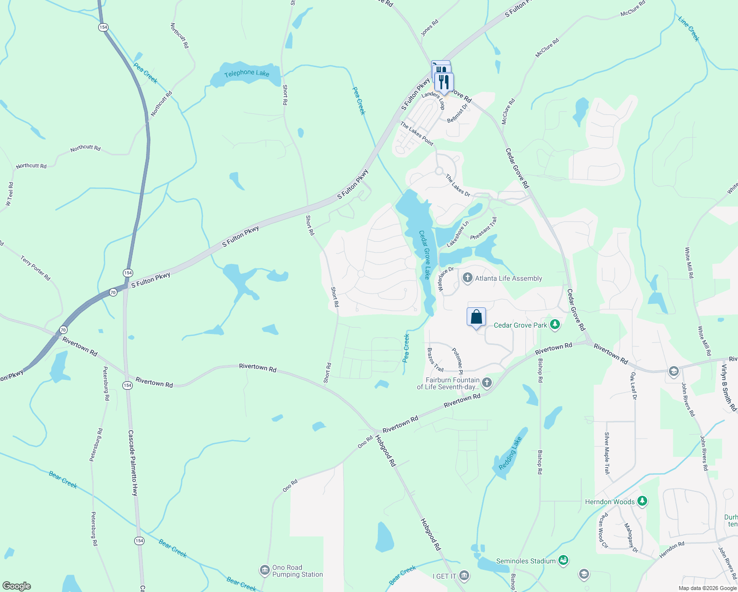 map of restaurants, bars, coffee shops, grocery stores, and more near 8028 Heathmore Drive in Fairburn