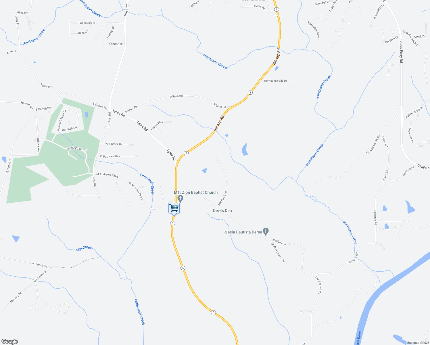 map of restaurants, bars, coffee shops, grocery stores, and more near 8245 Mill Run Trail in Whitesburg