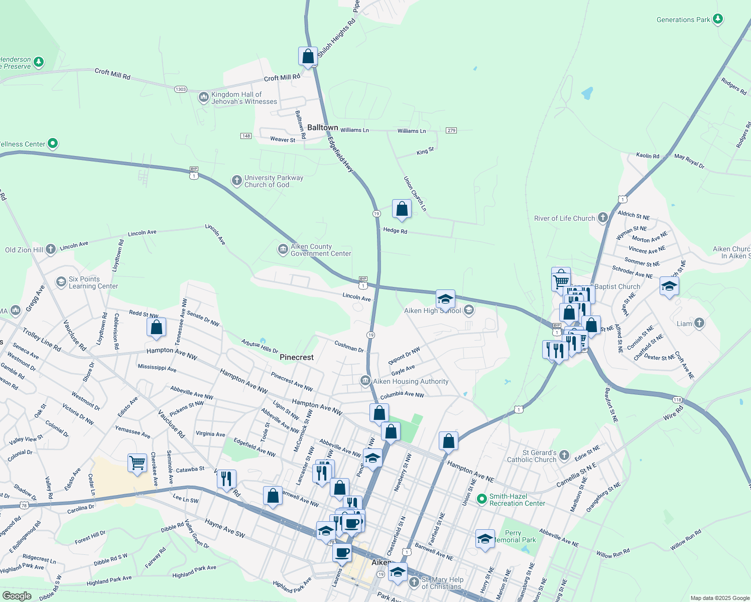 map of restaurants, bars, coffee shops, grocery stores, and more near 974 Laurens St NW in Aiken