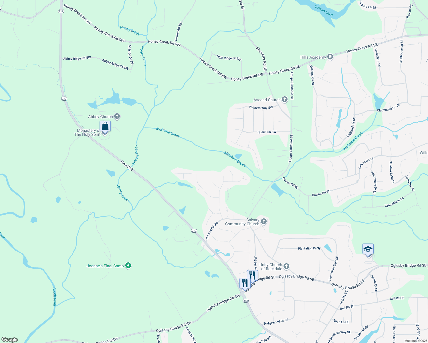 map of restaurants, bars, coffee shops, grocery stores, and more near 4288 Old Wood Drive Southwest in Conyers