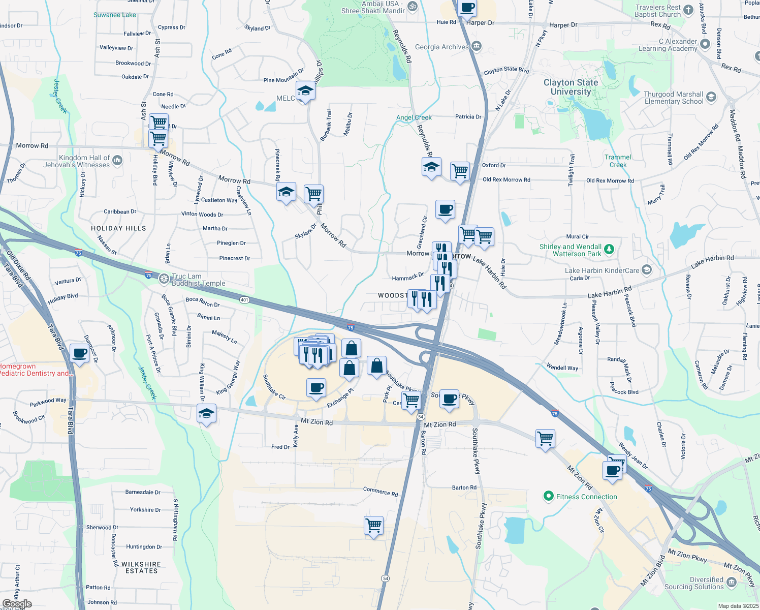 map of restaurants, bars, coffee shops, grocery stores, and more near 6433 Stone Terrace in Morrow