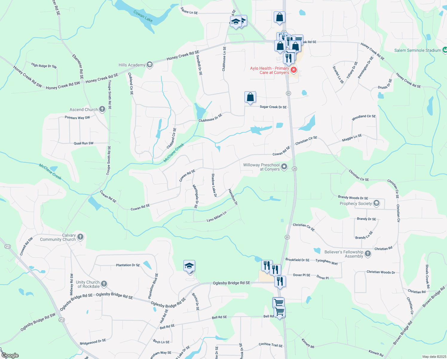 map of restaurants, bars, coffee shops, grocery stores, and more near 218 Thorn Berry Way in Conyers
