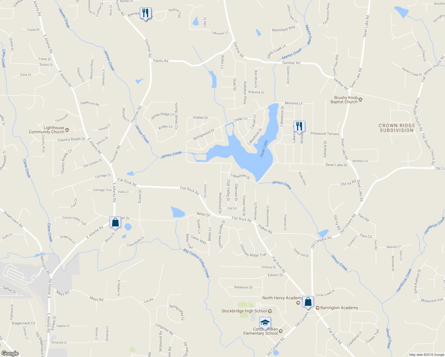 map of restaurants, bars, coffee shops, grocery stores, and more near 522 Knollwood Drive in Stockbridge