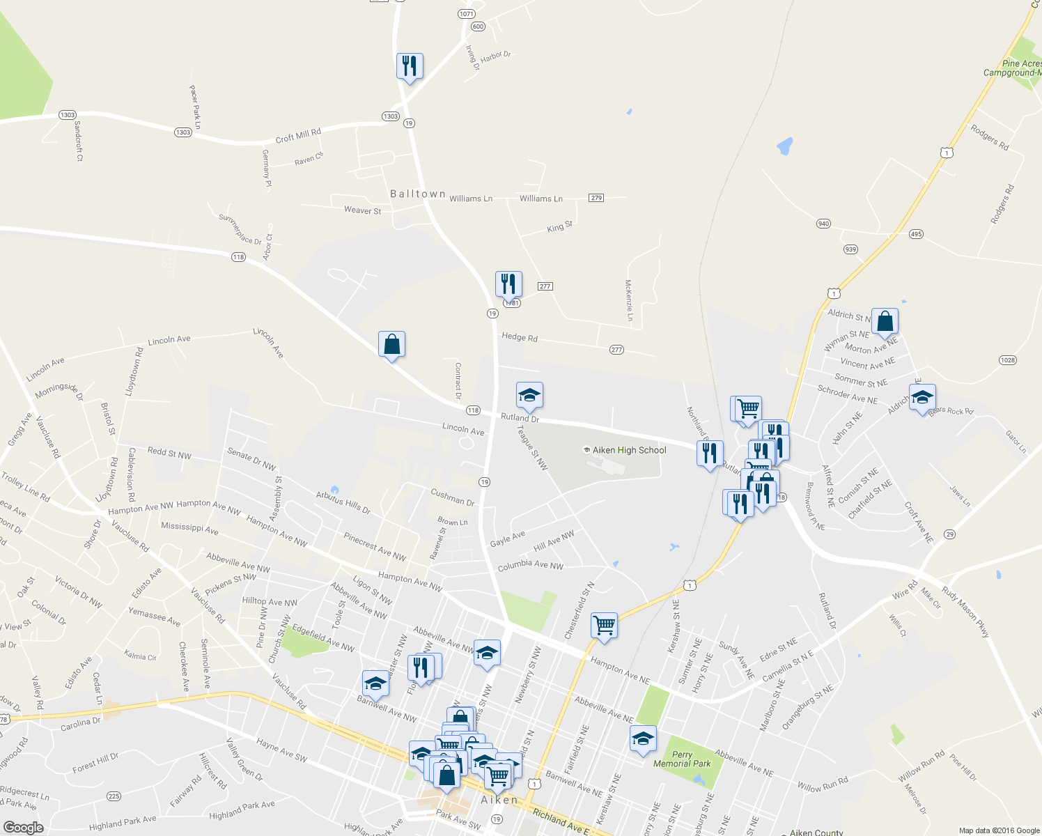 map of restaurants, bars, coffee shops, grocery stores, and more near 134 Rutland Drive in Aiken