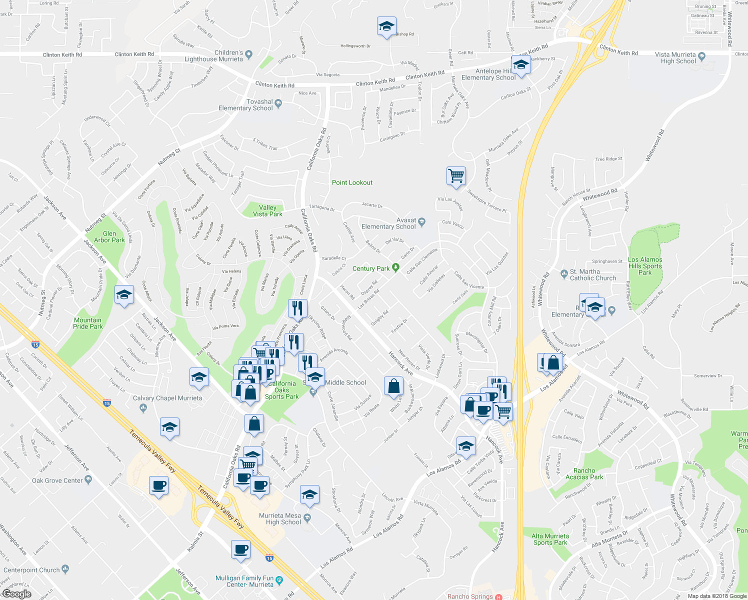 map of restaurants, bars, coffee shops, grocery stores, and more near 39998 Las Brisas Road in Murrieta