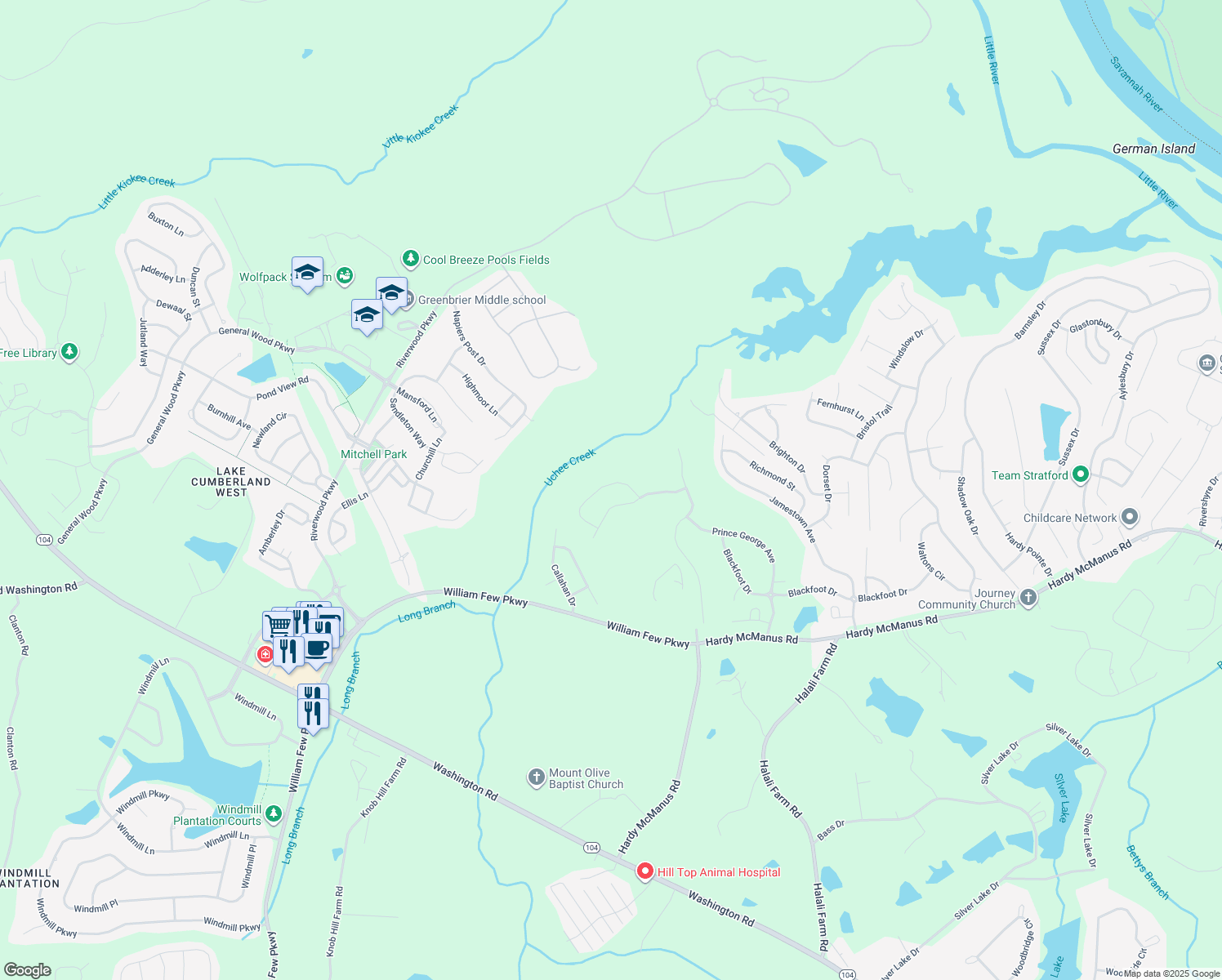 map of restaurants, bars, coffee shops, grocery stores, and more near 1018 Spotswood Circle in Evans