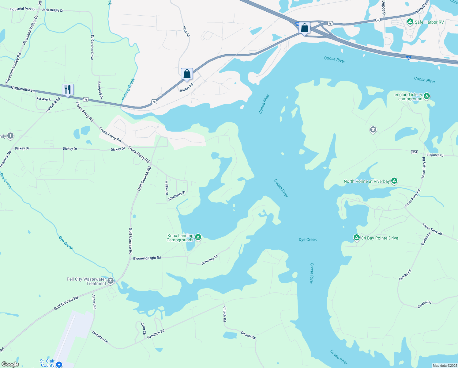 map of restaurants, bars, coffee shops, grocery stores, and more near 16 Seddon Point in Pell City