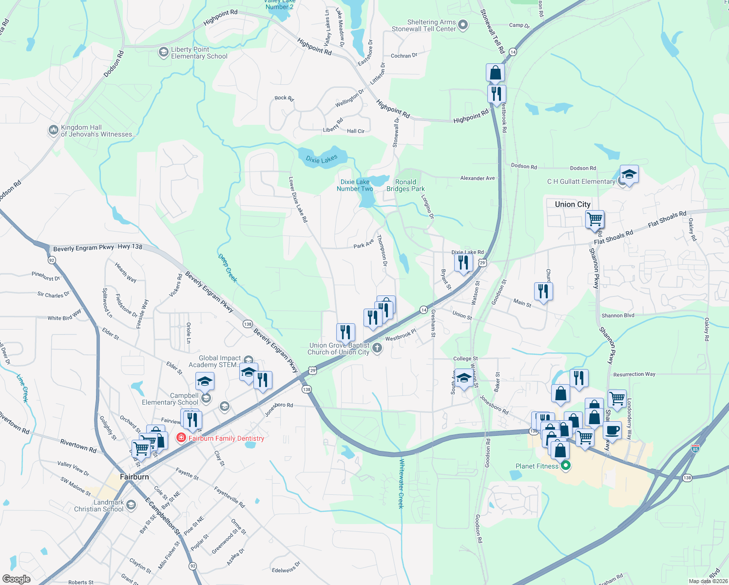 map of restaurants, bars, coffee shops, grocery stores, and more near 7513 Deer Creek Drive in Union City