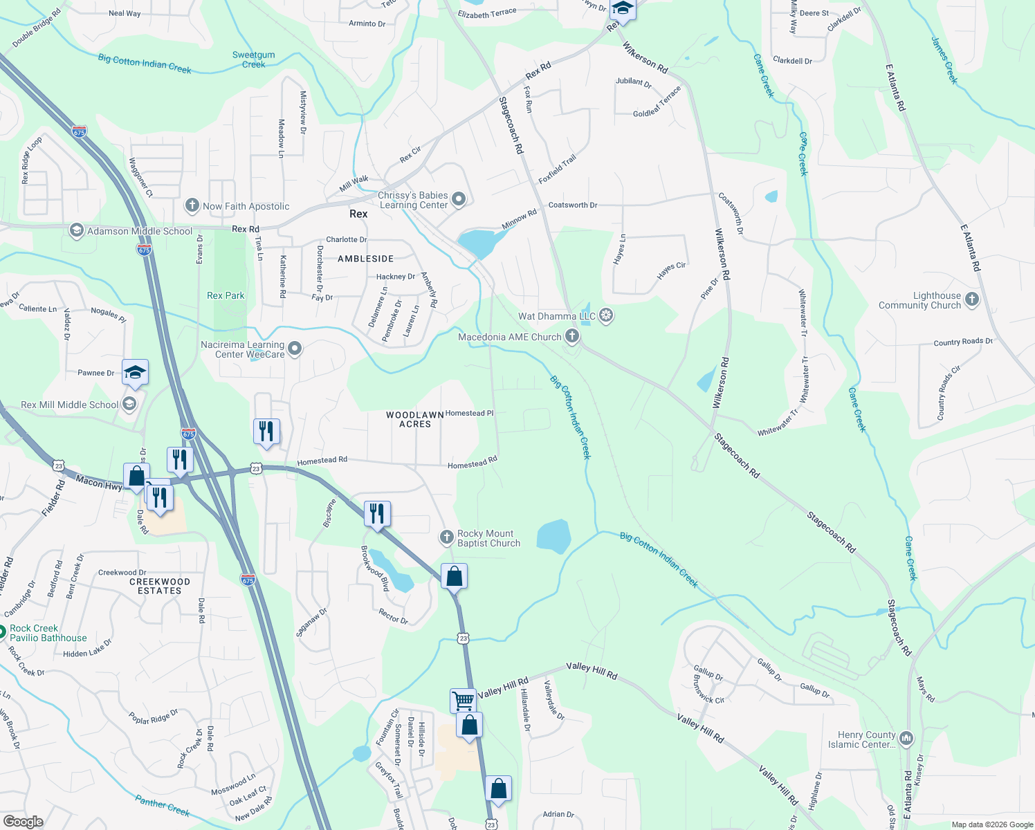 map of restaurants, bars, coffee shops, grocery stores, and more near 200 Southern Magnolia Lane in Rex