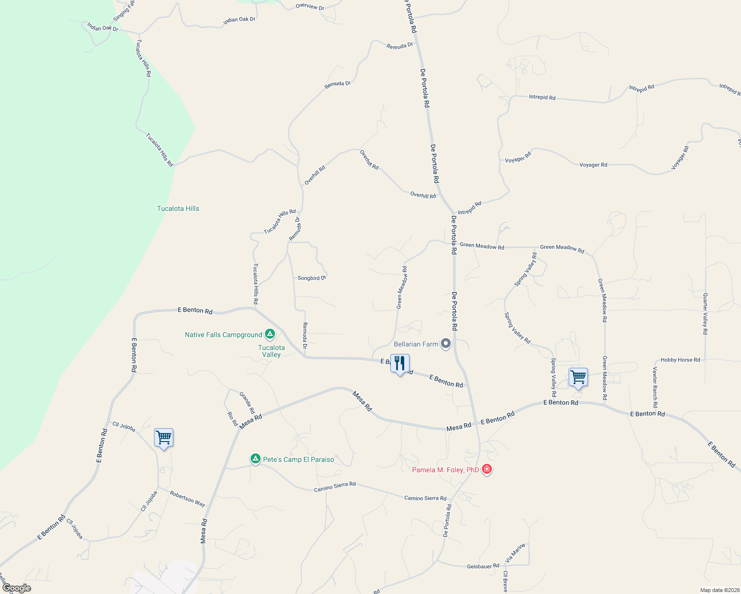 map of restaurants, bars, coffee shops, grocery stores, and more near 38595 Carolbee Lane in Temecula