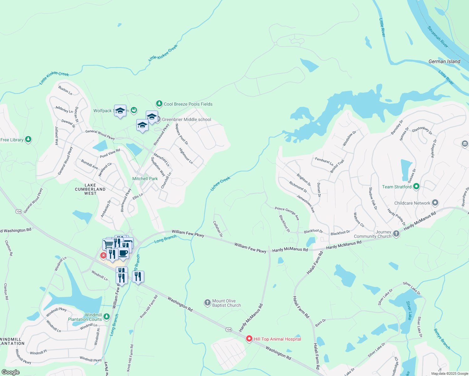 map of restaurants, bars, coffee shops, grocery stores, and more near 1019 Spotswood Circle in Evans