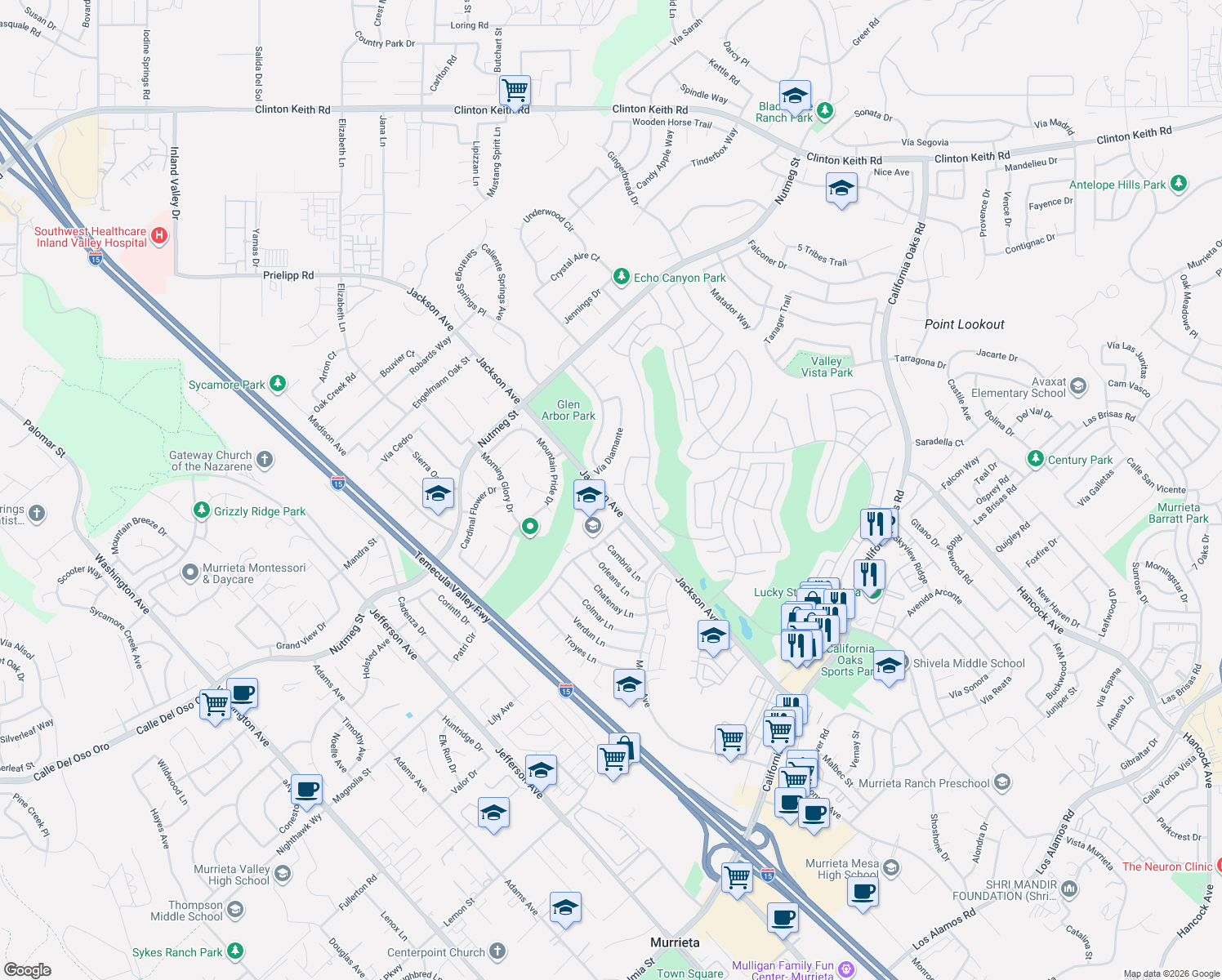 map of restaurants, bars, coffee shops, grocery stores, and more near 23991-24081 Jackson Avenue in Murrieta