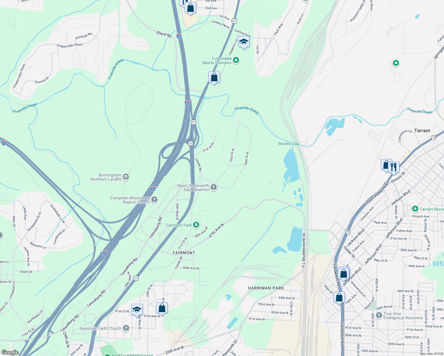 map of restaurants, bars, coffee shops, grocery stores, and more near 5704 34th Street North in Birmingham