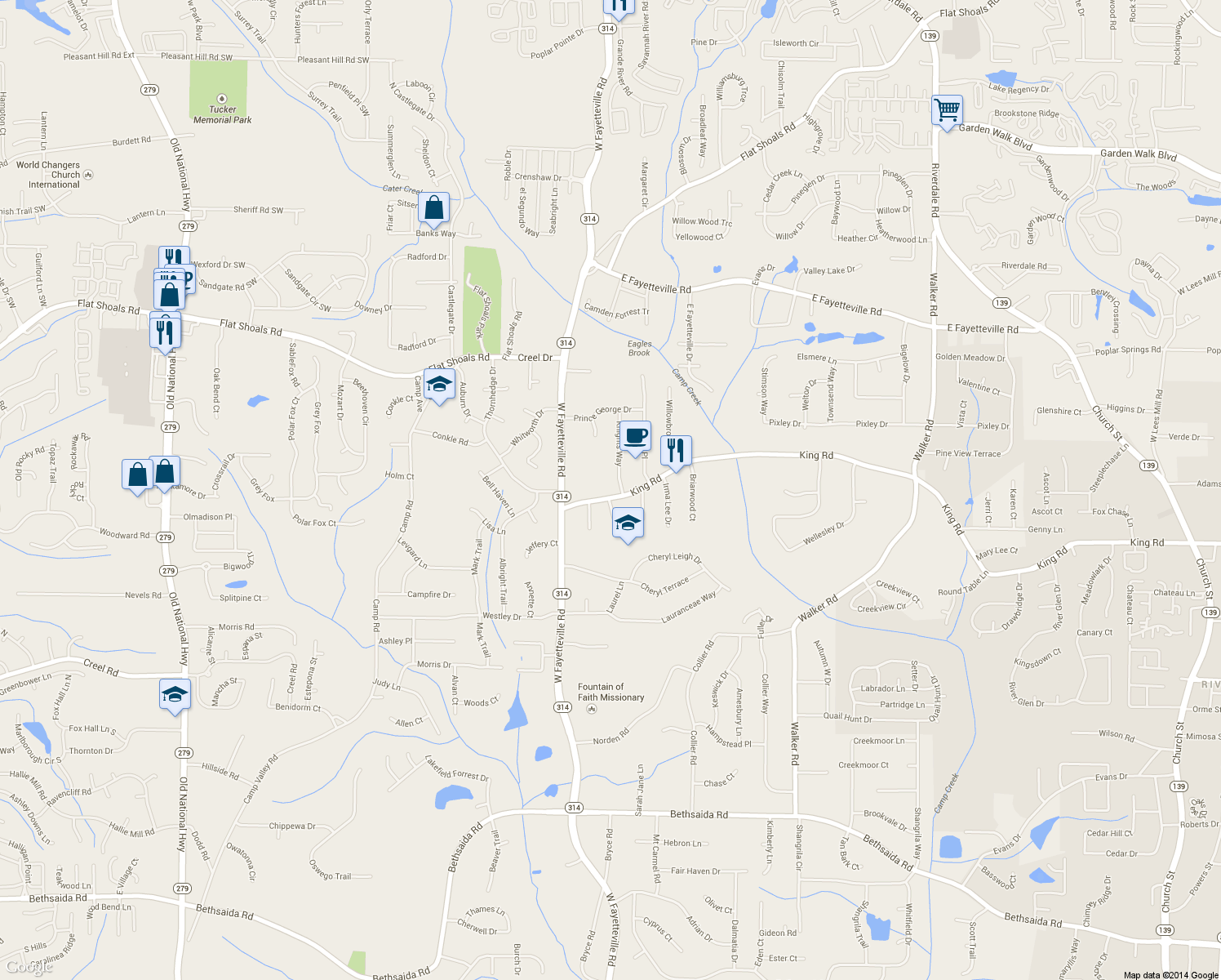 map of restaurants, bars, coffee shops, grocery stores, and more near 1717 King Rd in Riverdale